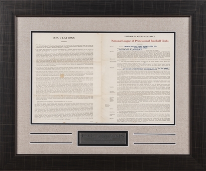 1949 Cal Abrams Signed Brooklyn Dodgers Uniform Players Contract In Double Sided 23.5 x 19.5 Framed Display - Also Signed By Branch Rickey (Abrams Family LOA & Beckett)